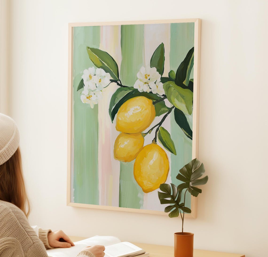 Fresh Lemon Branch Blossoms Pastel Stripes Citrus Kitchen Wall Poster - Image 2
