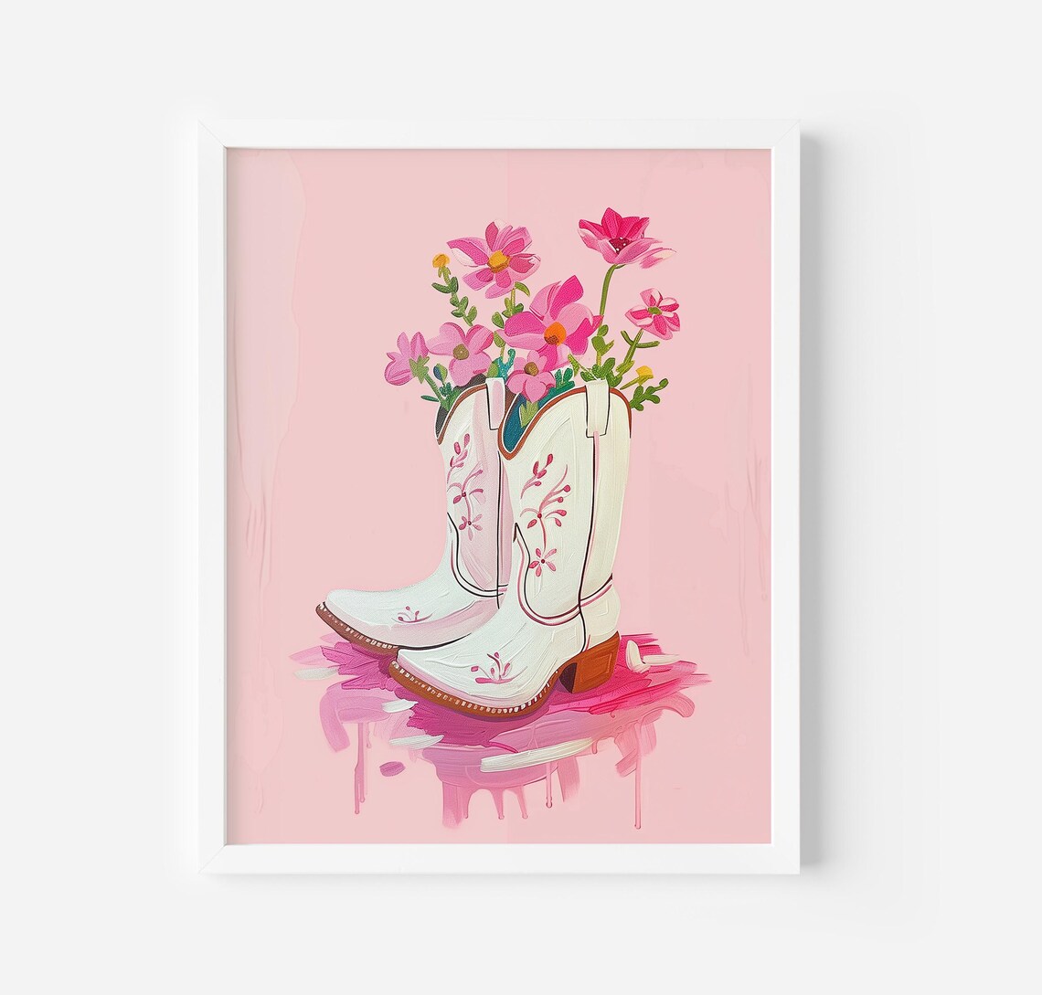 White Cowboy Boots With Pink Flowers Boho Western Cowgirl Art Poster