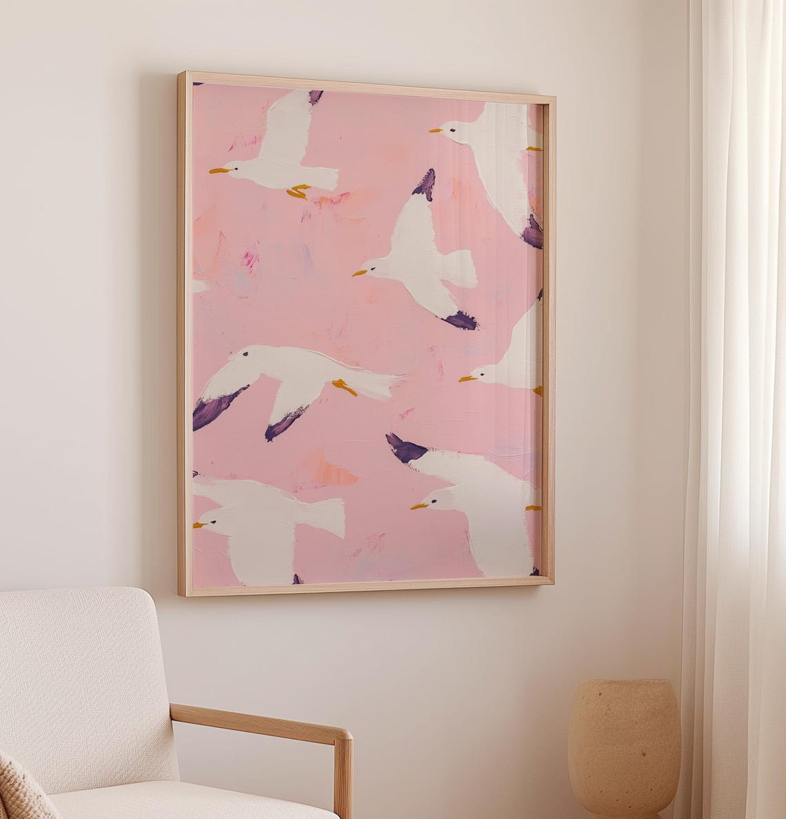 Seagulls Flying Across Pink Sky Coastal Beach Birds Pattern Poster - Image 2