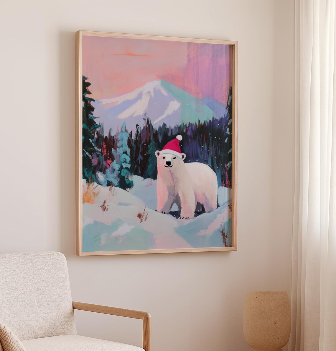 Polar Bear In Santa Hat In Snowy Mountain Winter Sunset Art Poster - Image 2