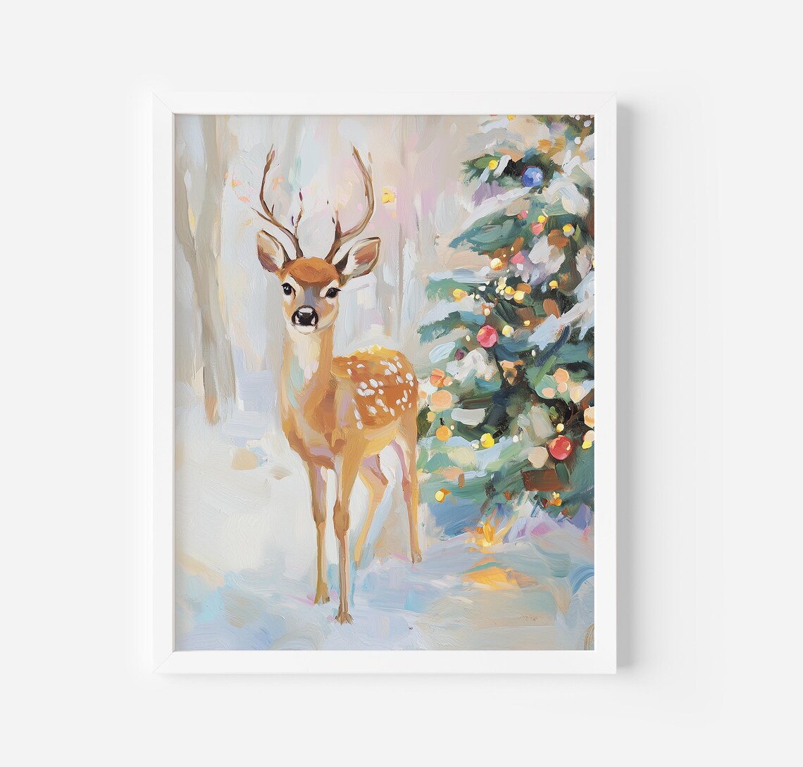Cozy Winter Reindeer Art Print, Pink Christmas Decor - Image 3