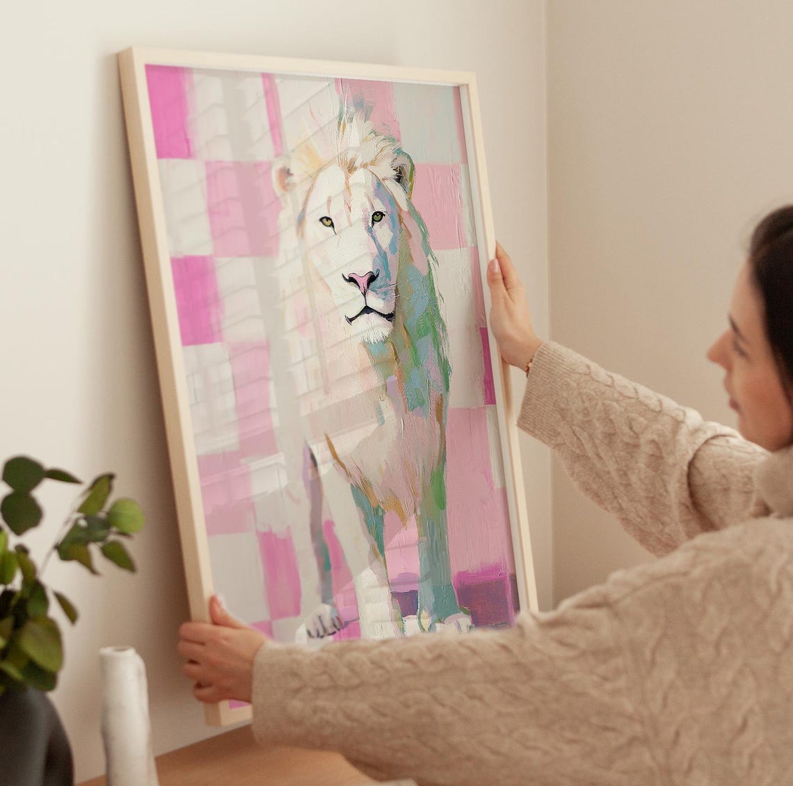 White Lion on Pink Checkered Background Pop Art Animal Kingdom Poster - Image 3