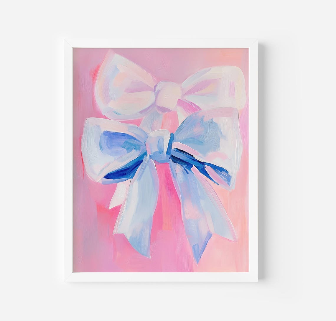 Chic Two Pink And Blue Coquette Bows On Pink Vintage Art Poster