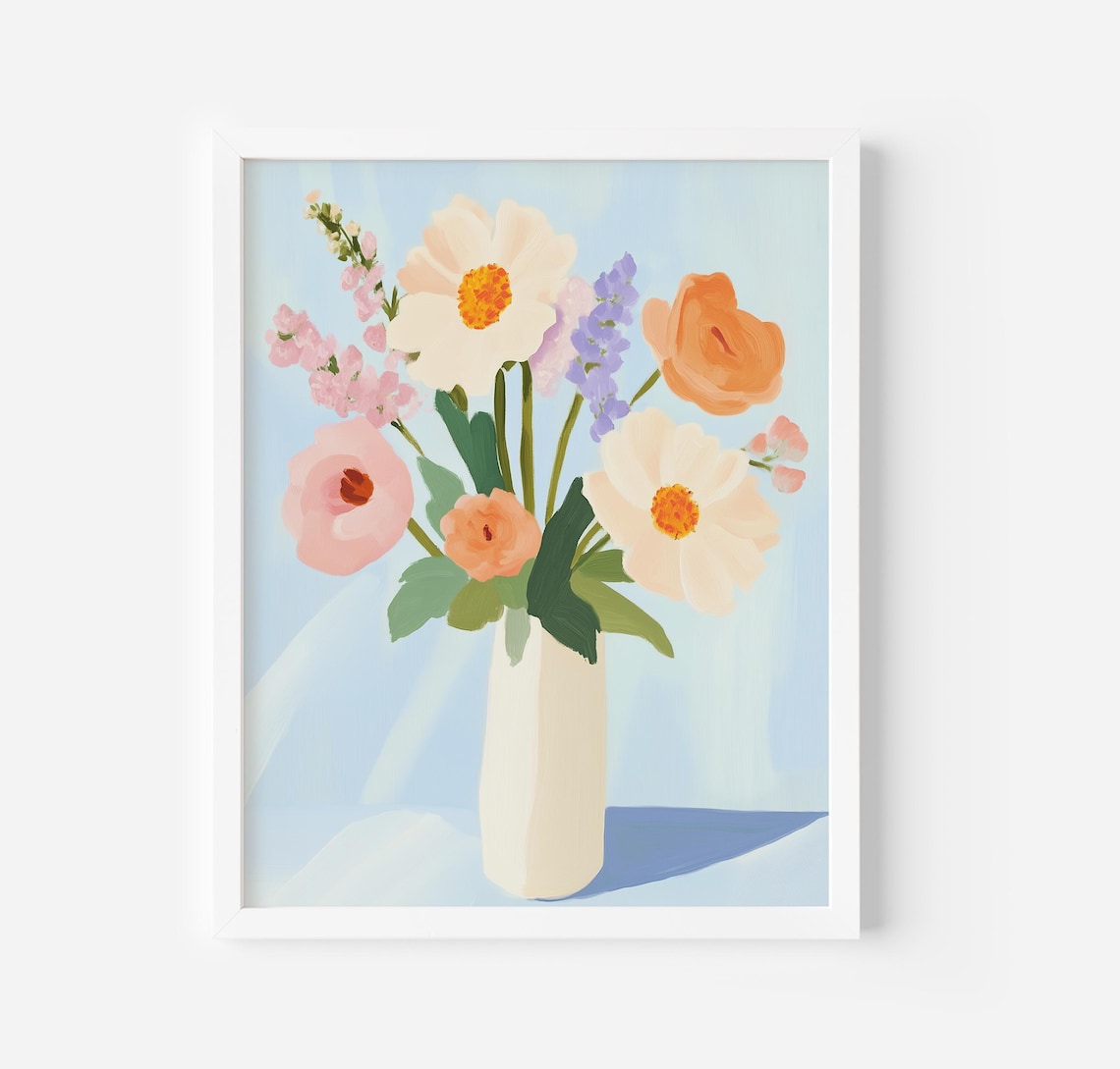 Soft Pastel Flower Bouquet In White Vase Floral Painting Poster