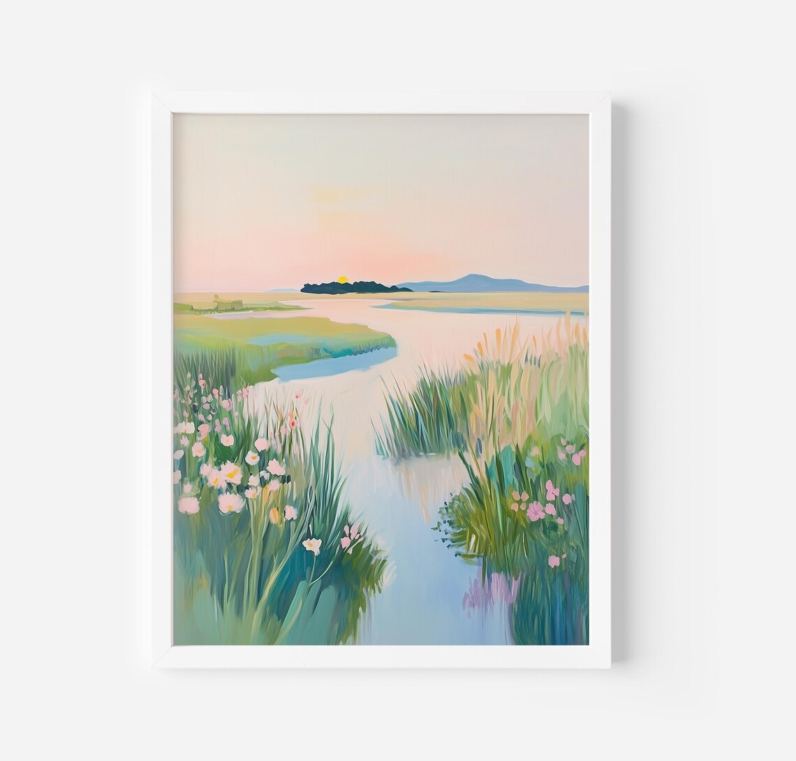 Pastel Lake Forest Landscape Art Print, Nursery Decor