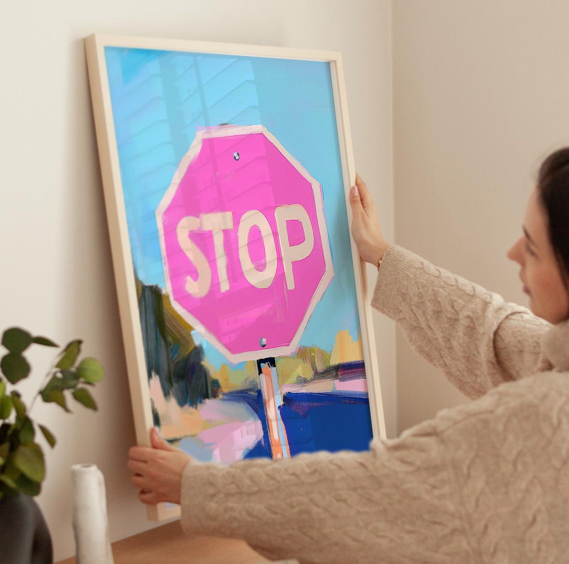 Pink Pop Art Stop Sign on Turquoise Sky Funky Urban Street Art Poster - Image 2