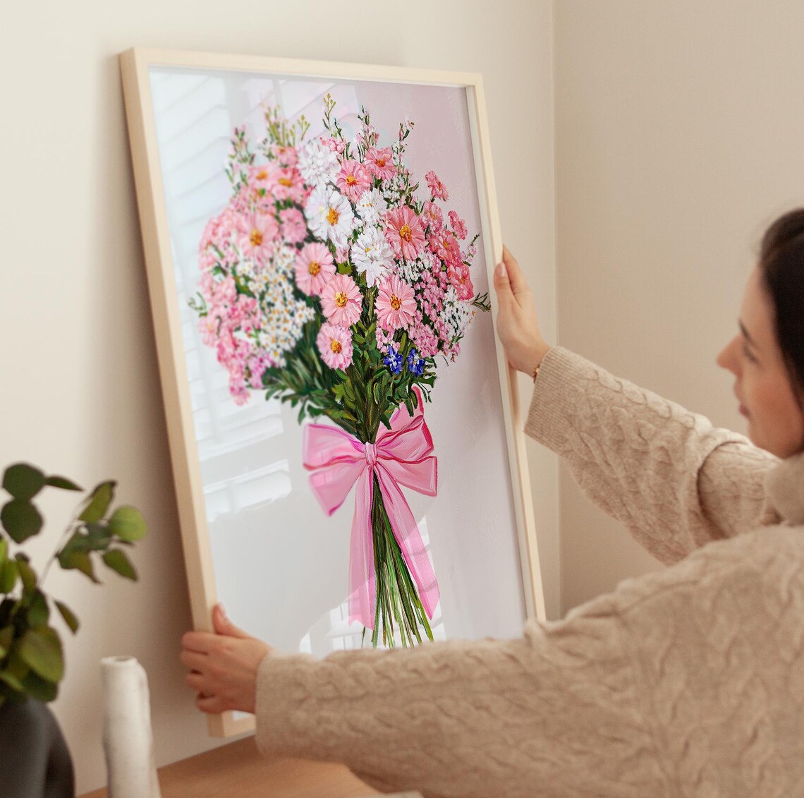 Pink Flowers Bouquet Art Trendy Valentine Preppy Room Decor Pink Flowers Pink Bow Girly Print Roses Oil Painting - Image 3
