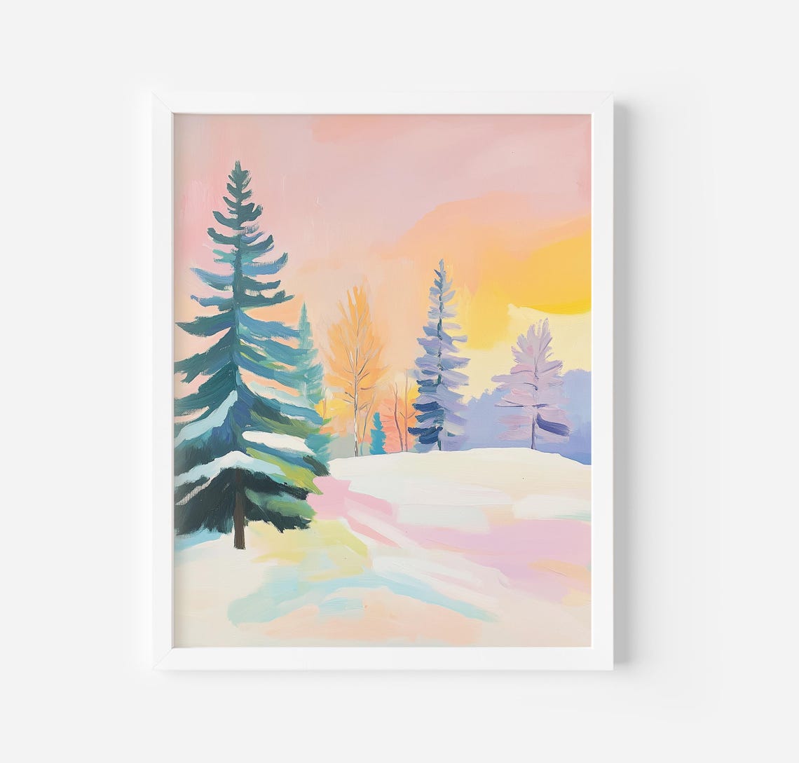 Serene Pastel Winter Pine Forest At Sunset Snowy Landscape Poster