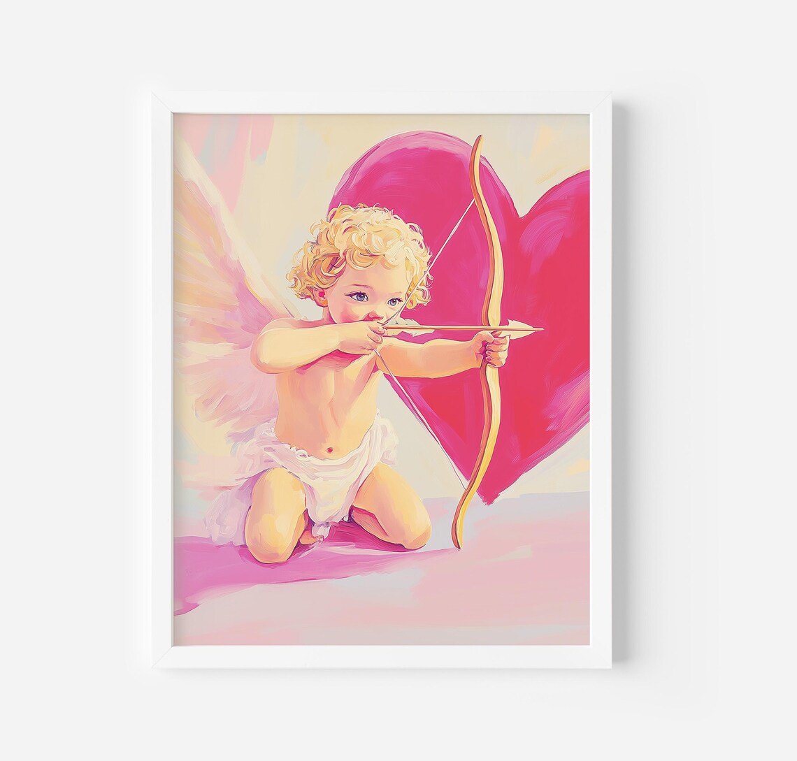 Cupid With Bow And Arrow Pink Heart Valentine Cherub Love Poster