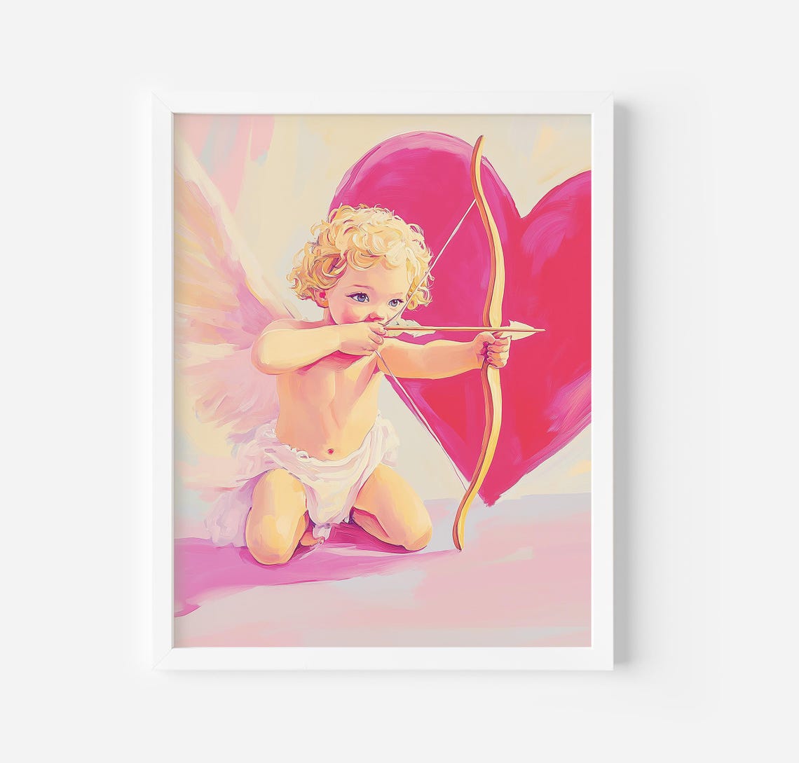 Pink Heart Valentine Day Print Cupido Painting Vintage Valentines Print Romantic Poster Pink Heart Oil Painting Love
