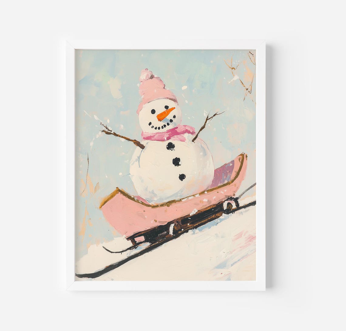 Smiling Snowman In Pink Hat Riding A Bright Pink Sleigh Poster - Image 3