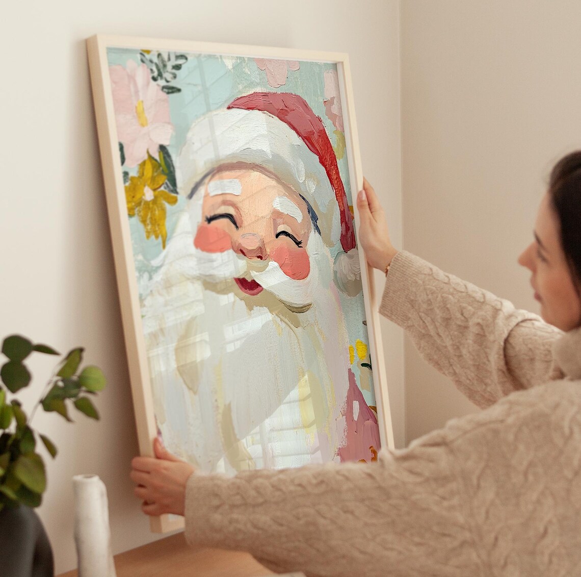 Cute Santa Art, Soft Floral Christmas Poster - Image 3