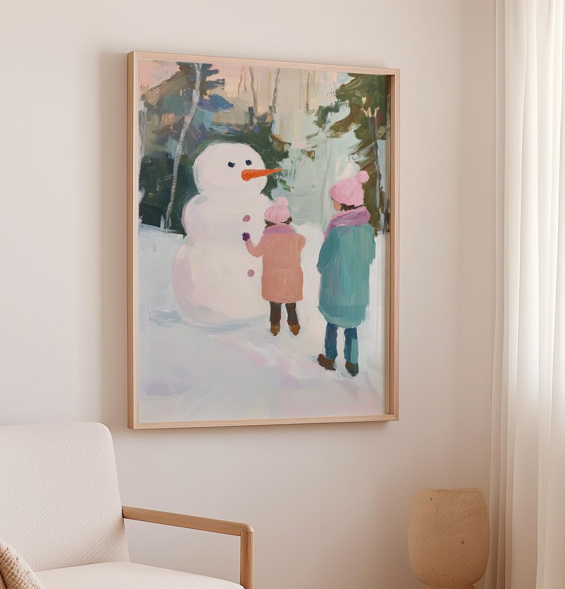 Girls With Snowman Vintage Christmas Art Print - Image 2