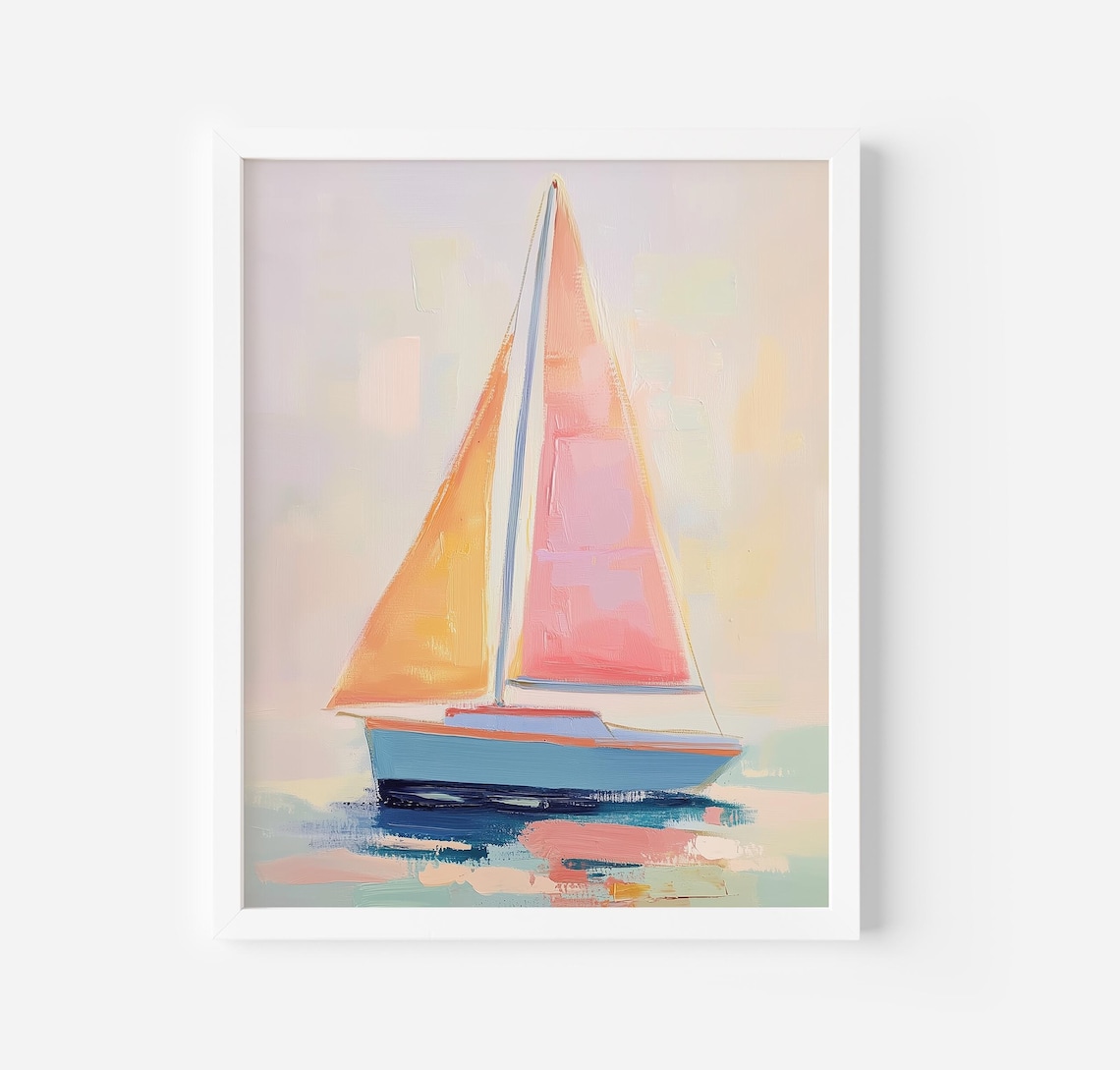 Sailboat With Pink Sails Pastel Coastal Nautical Painting Poster