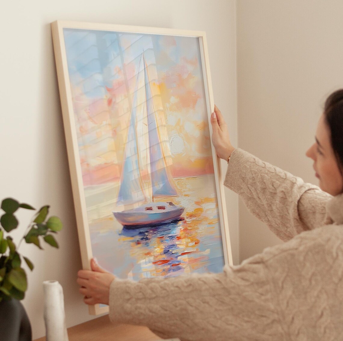 Sailboat On Golden Sunset Water Pastel Sailing Painting Poster - Image 3