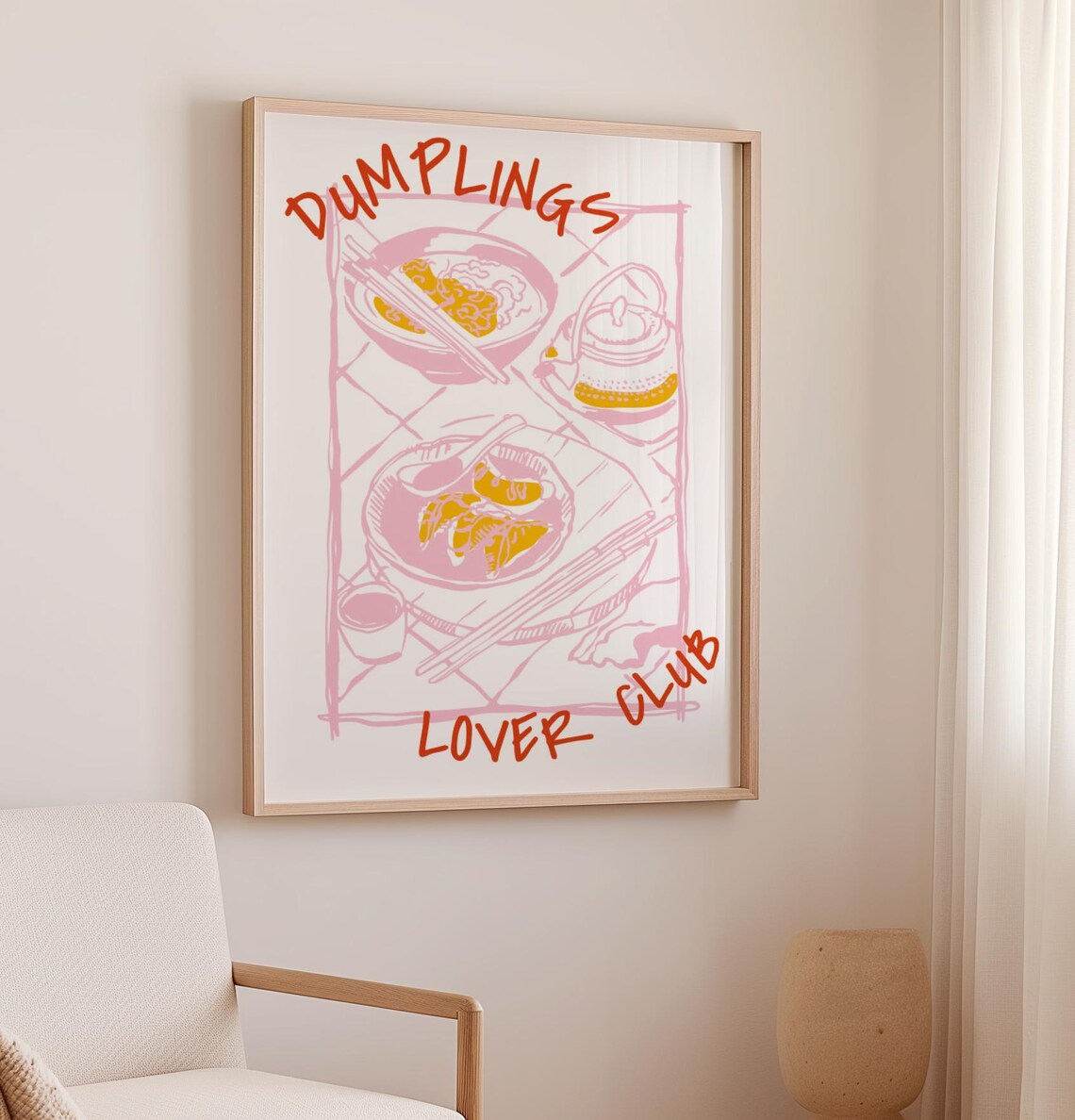 Dumplings Lover Club Pink Retro Asian Food Sketch Kitchen Wall Poster - Image 3