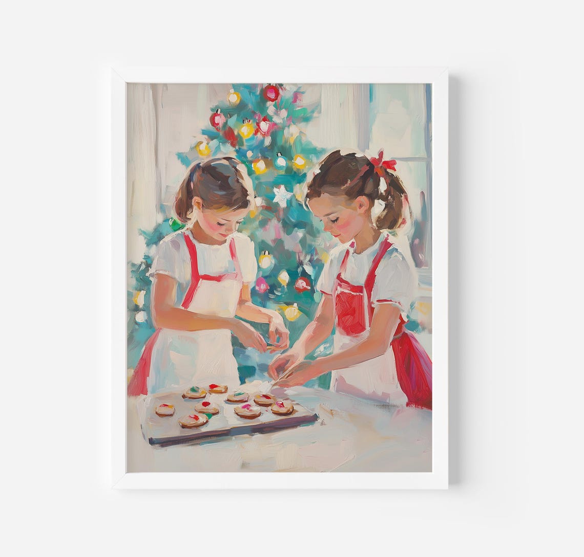 Two Girls Decorating Christmas Cookies By The Tree Art Poster