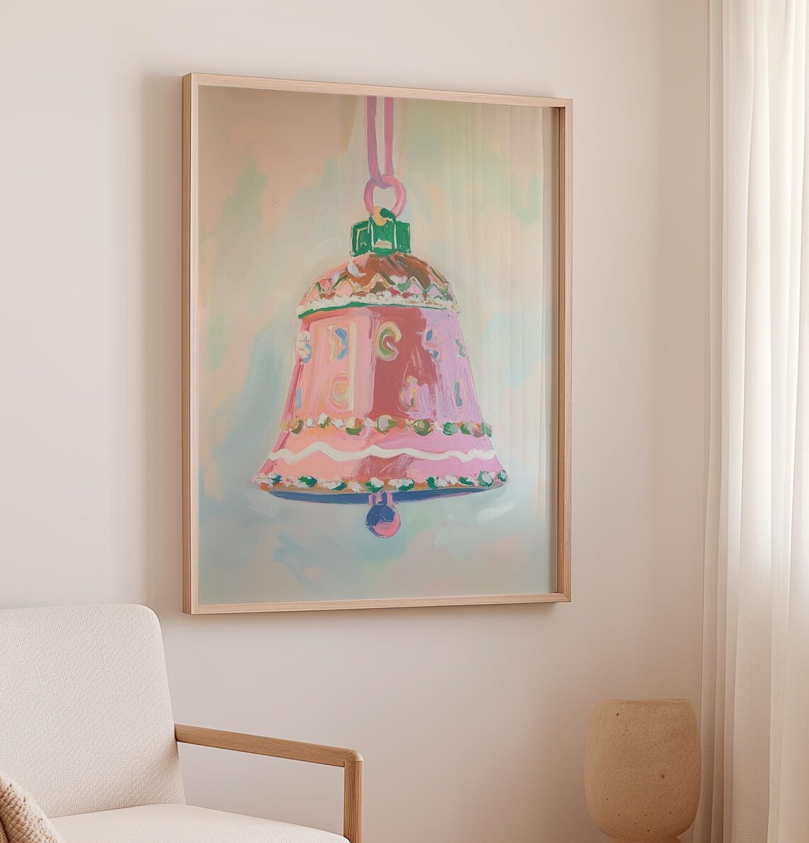 Pink Christmas Bell Ornament Painting Pastel Holiday Art Poster - Image 2