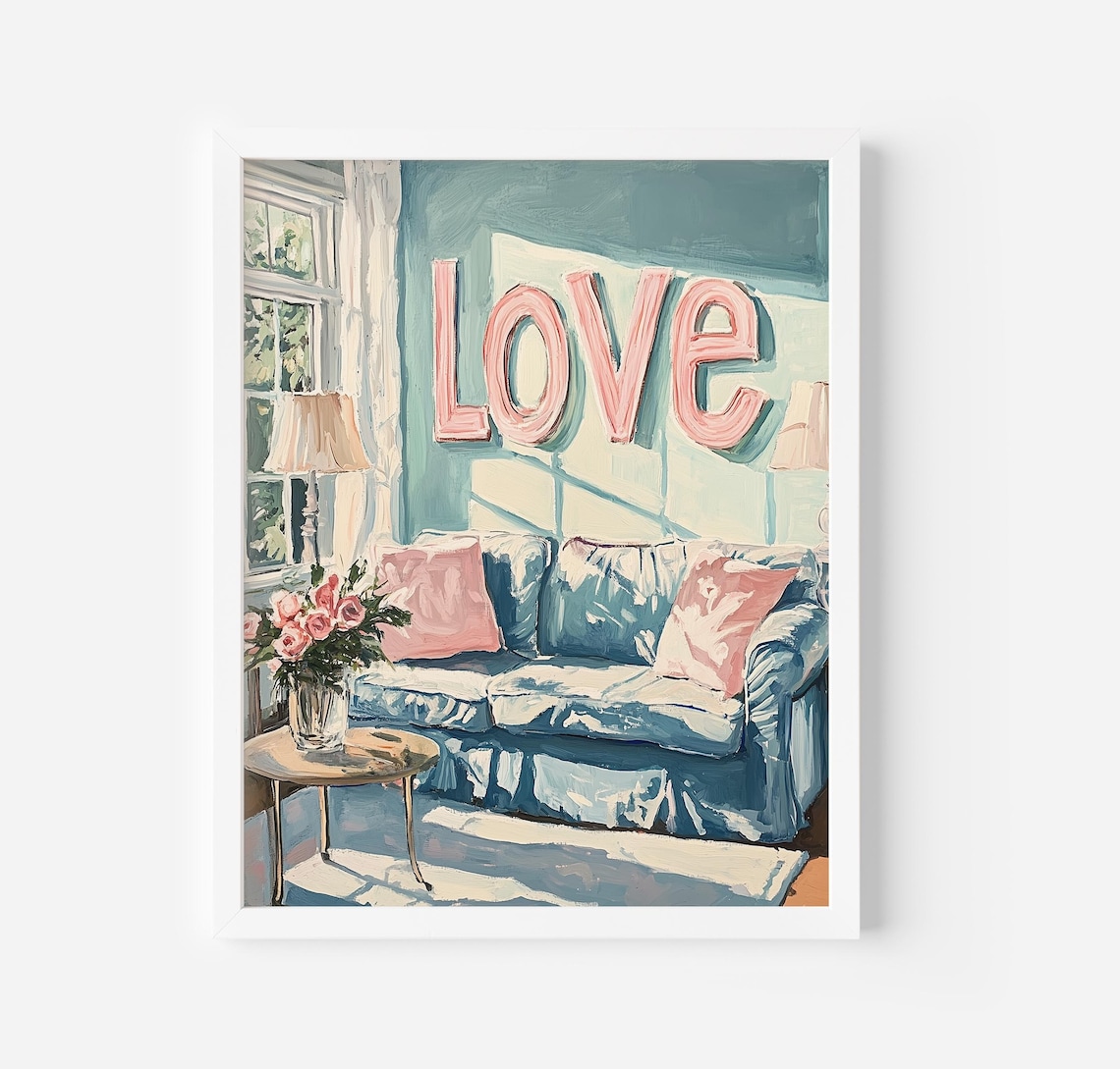 Cozy Living Room With Love Letter Sign Pastel Interior Art Poster