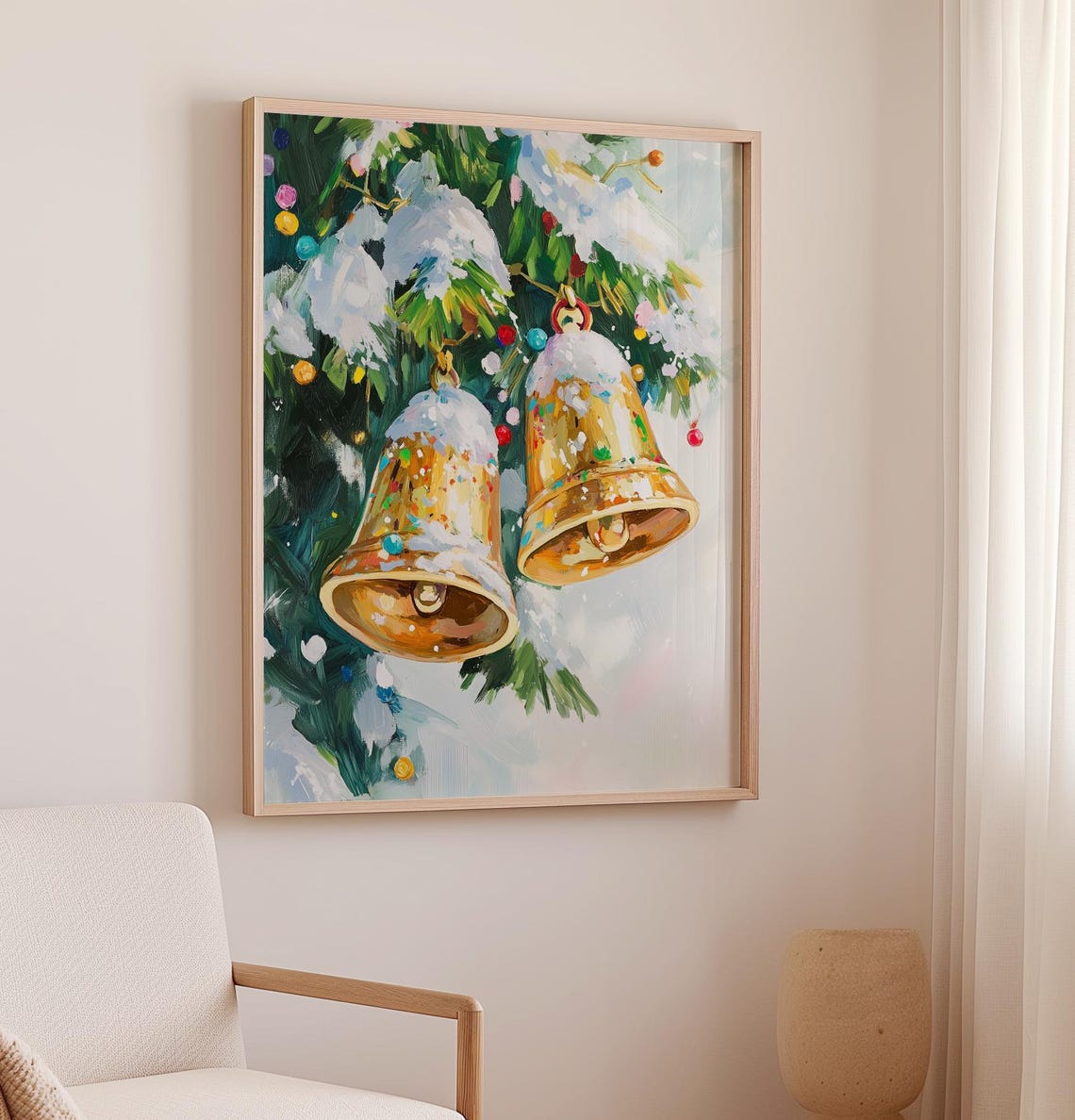 Golden Christmas Bells On Snowy Evergreen Branch Winter Art Poster - Image 2