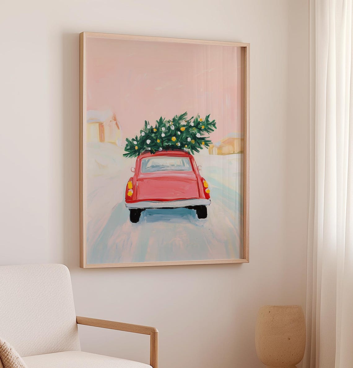 Red Vintage Car Carrying A Christmas Tree Through Snow Poster - Image 2