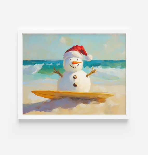Snowman Santa Hat Surfboard Sunny Beach Funny Christmas Poster