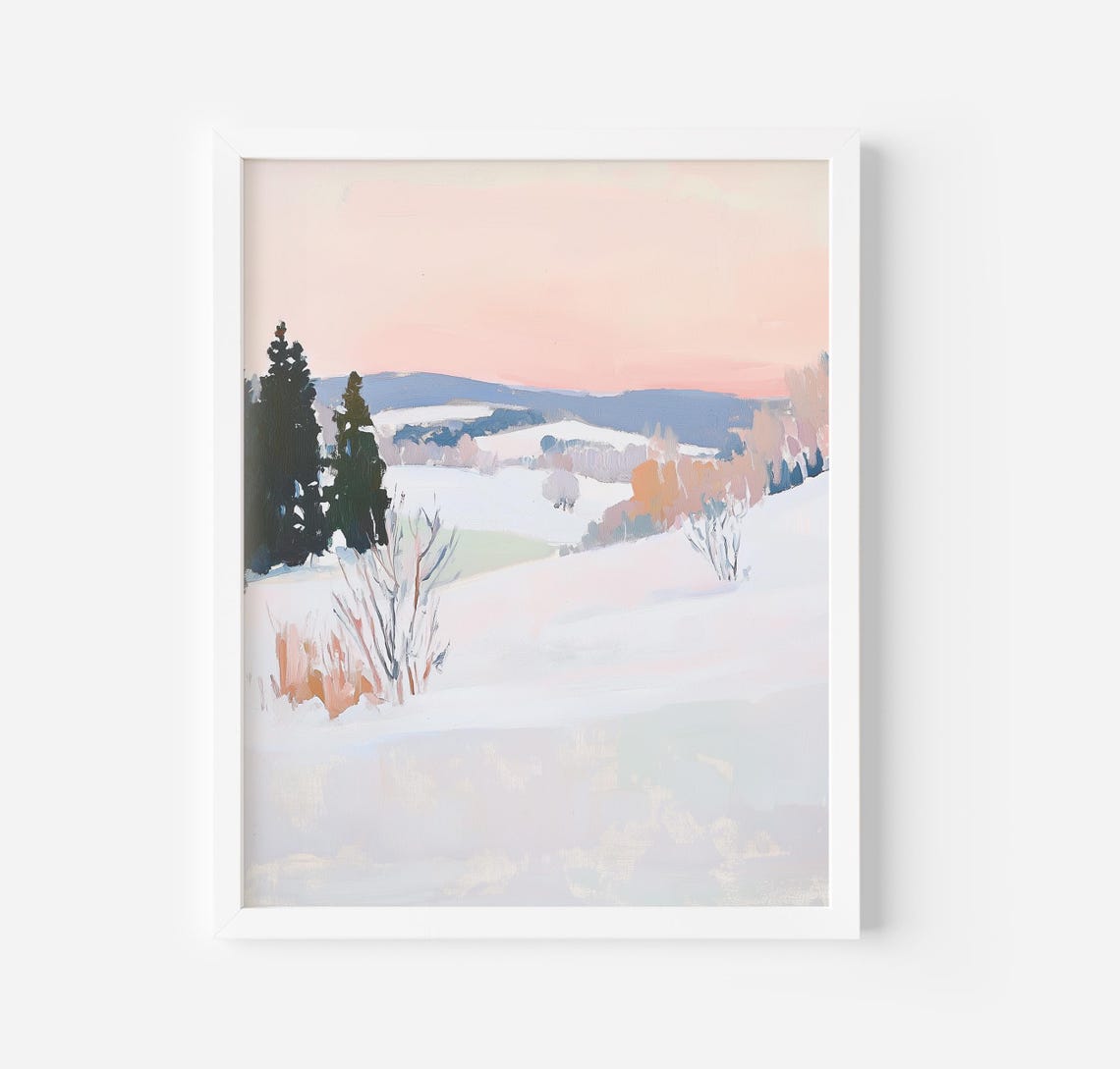 Dreamy Blush Pink Snowy Winter Landscape At Dusk Scenic Poster