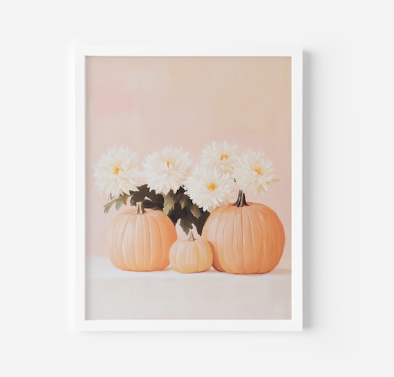 Blush Pumpkins With White Chrysanthemums Fall Still Life Poster