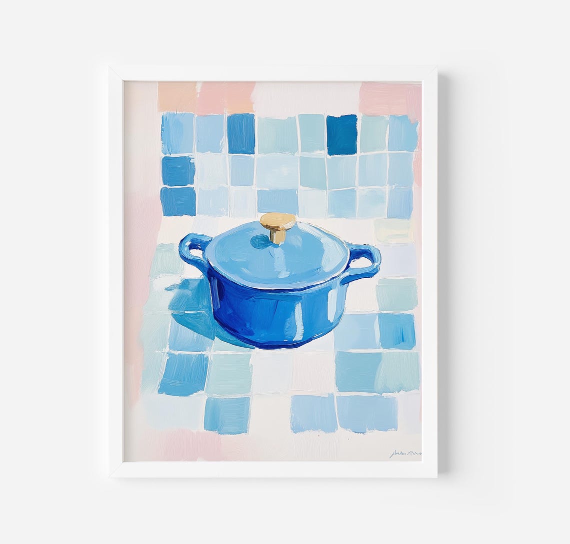 Blue Dutch Oven Pot on Checkered Cloth Cozy Kitchen Still Life Poster