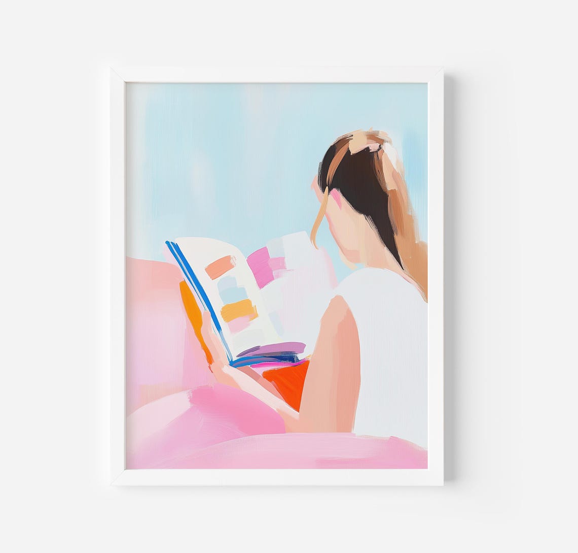 Woman Reading Magazine Pink Sofa Pastel Back View Art Poster
