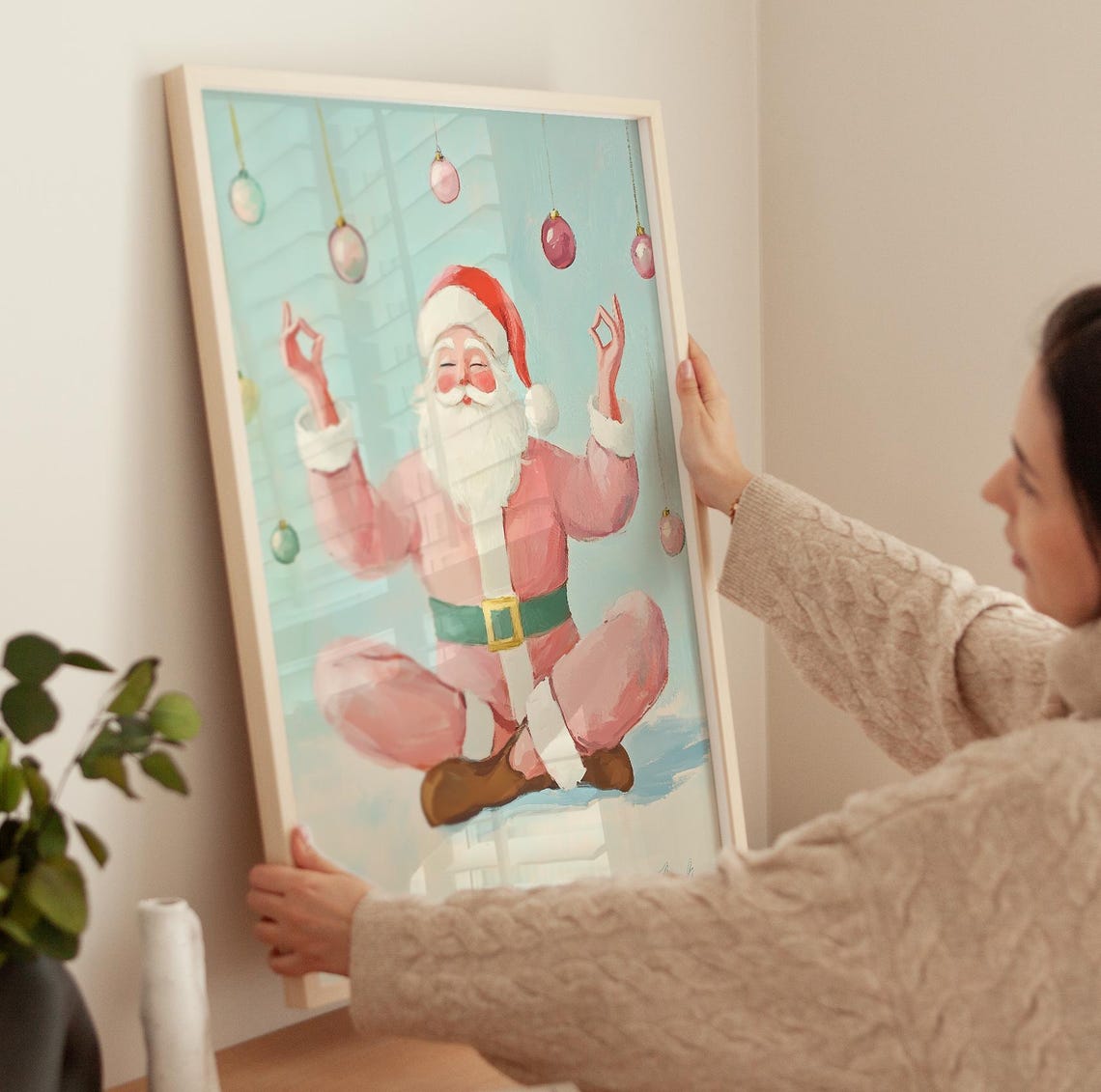 Pink Santa Claus Meditating Yoga Pose Zen Christmas Art Poster - Image 3