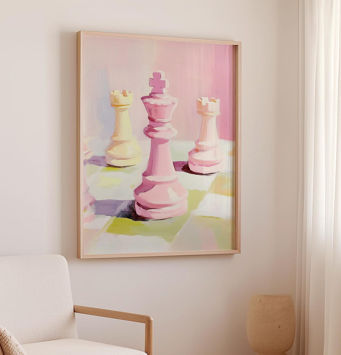 Pink King Chess Piece On Chessboard Pastel Strategy Game Art Poster - Image 2