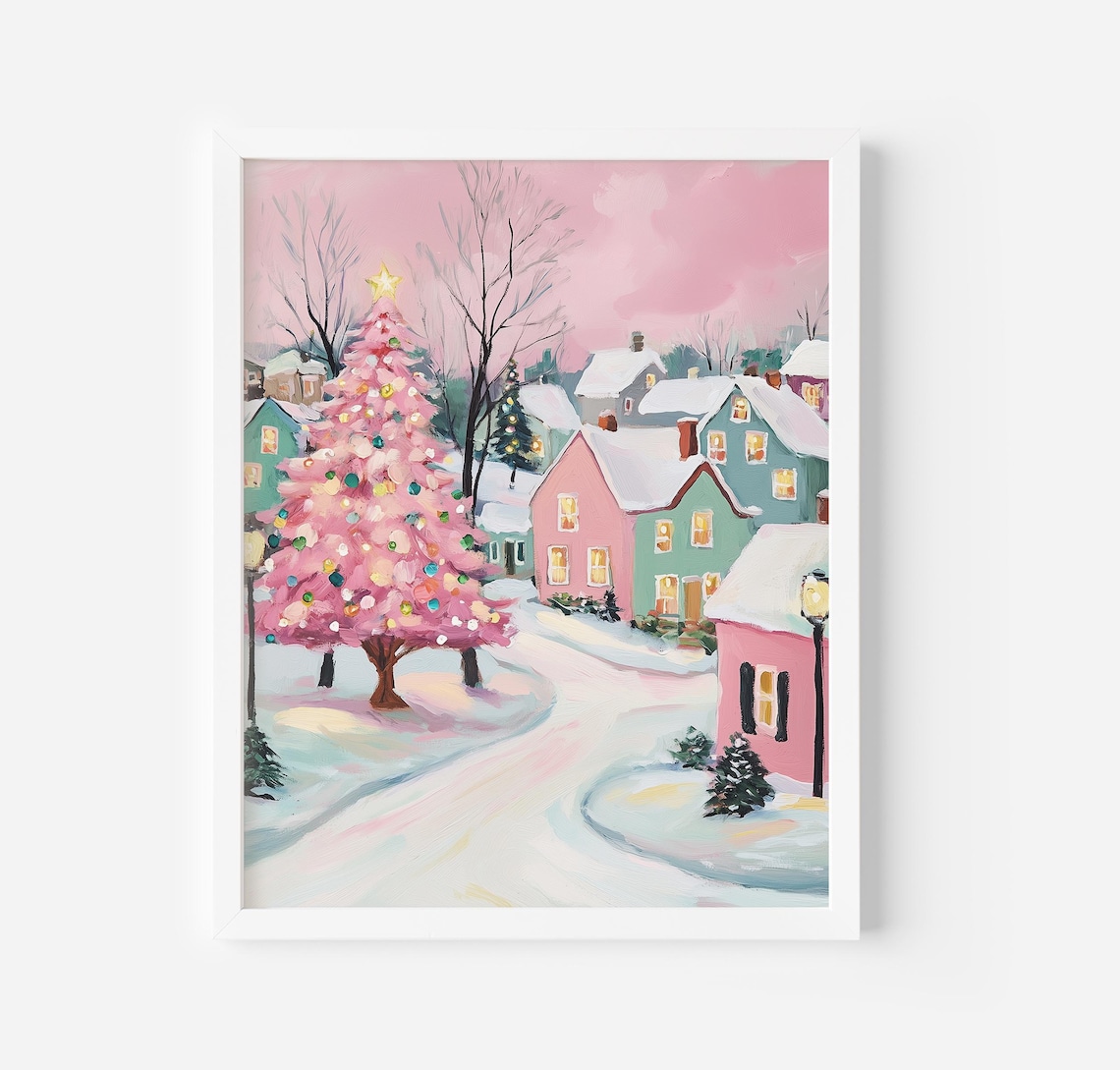 Pink Christmas Tree In Snowy Village Street Winter Scene Art Poster