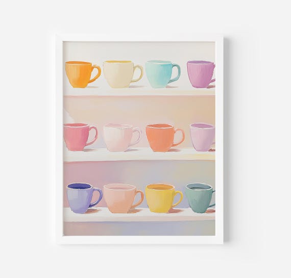 Teacoffee Art Print Coffee Mug Art Teacup Print Retro Tea Poster Tea Art Kitchen Foodie Art Pastel Colours Coffee Bar Cart