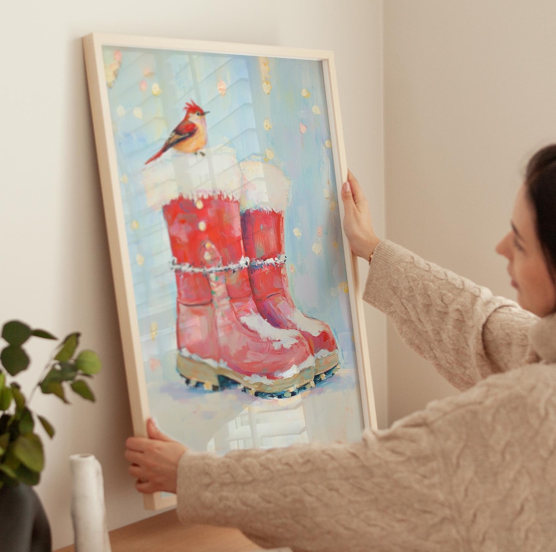 Red Snow Boots With Cardinal Bird Pastel Winter Painting Poster