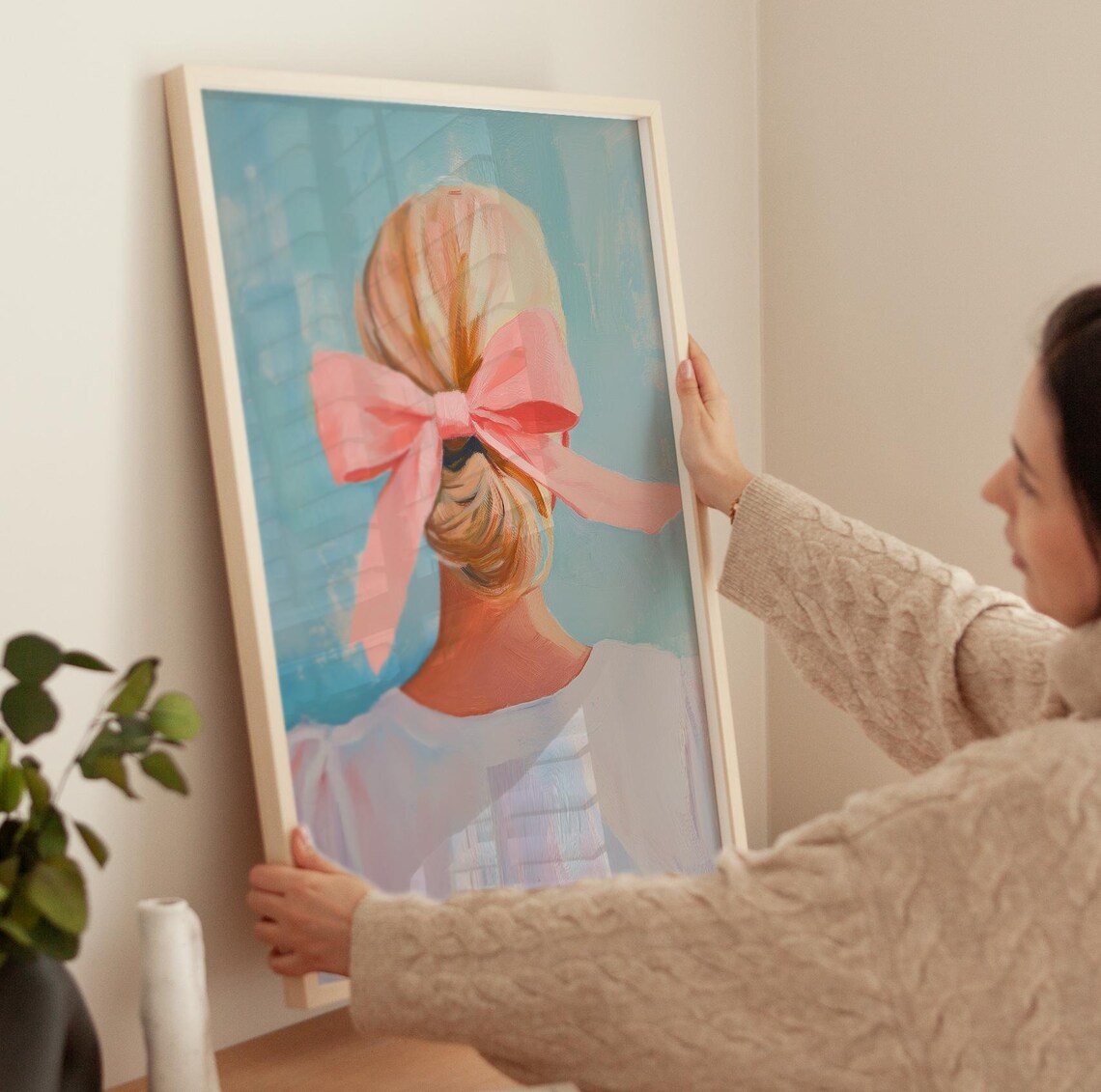 Blonde Girl Low Bun With Pink Bow Back View Coquette Art Poster - Image 4