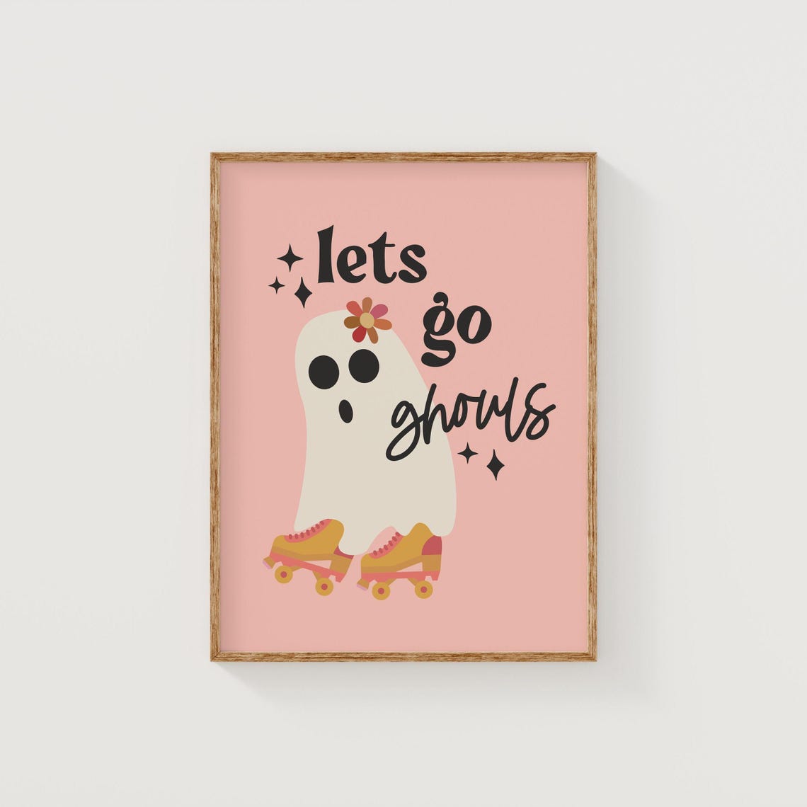 Lets Go Ghouls Cute Roller Skating Ghost with Flower Pink Poster - Image 3