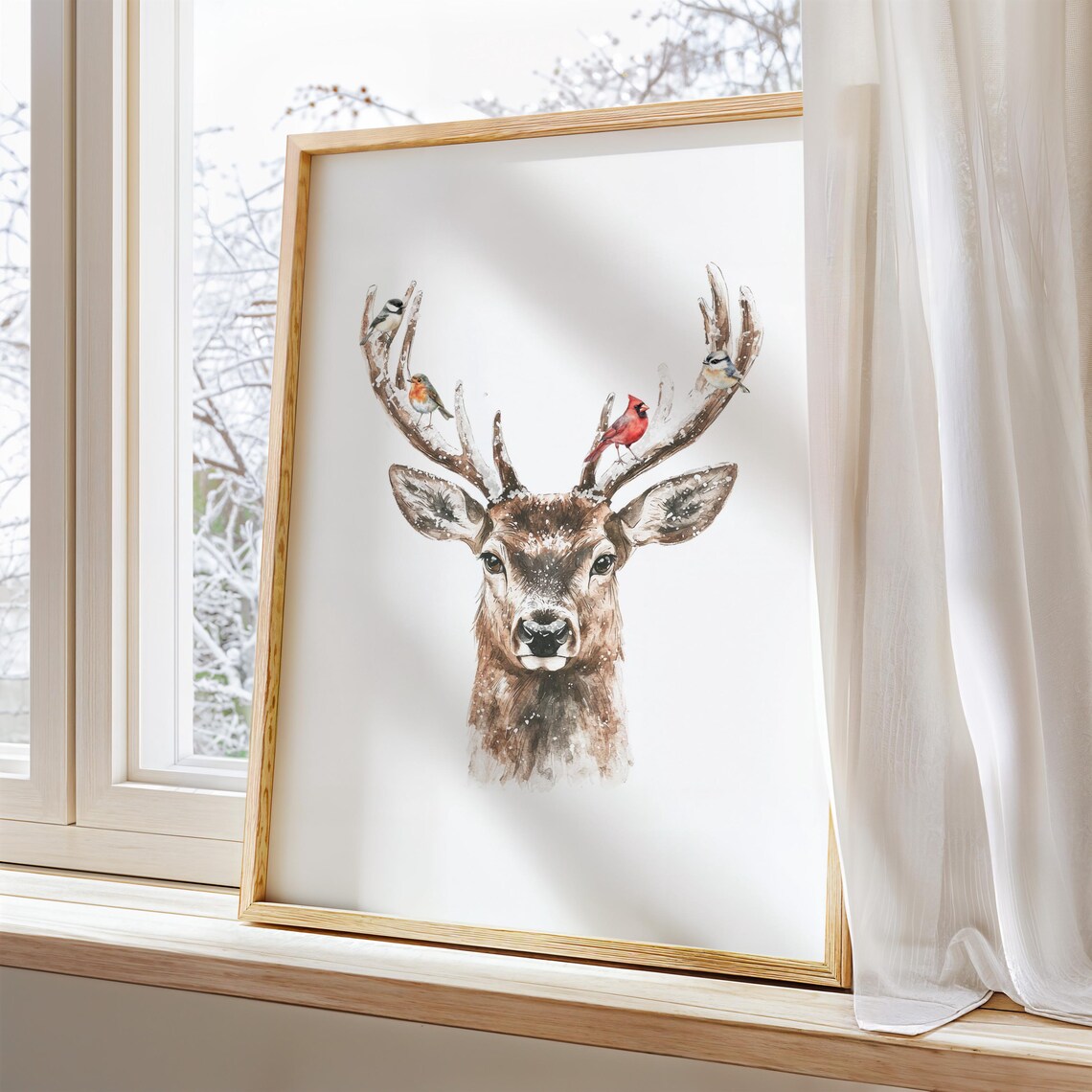 Watercolor Deer with Birds on Antlers Woodland Winter Poster - Image 3