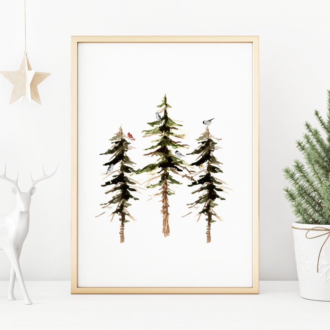 Watercolor Pine Forest Trees With Birds Minimalist Winter Poster - Image 2