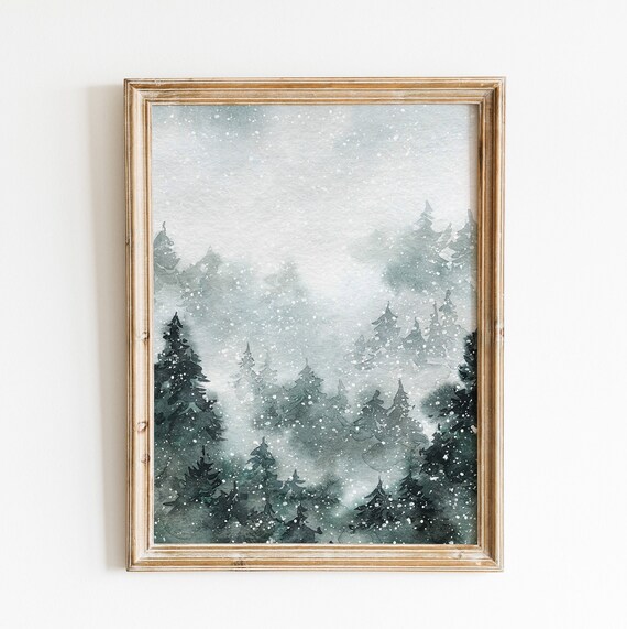 Snowy Pine Forest Landscape Misty Winter Watercolor Nature Poster