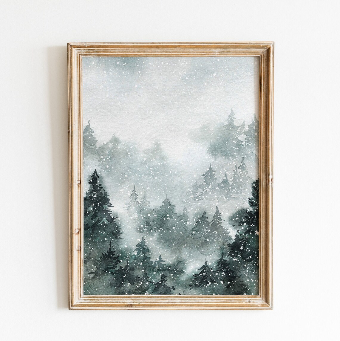 Snowy Pine Forest Landscape Misty Winter Watercolor Nature Poster