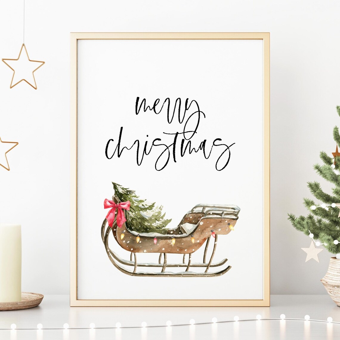 Merry Christmas Calligraphy Wall Art Watercolor Sleigh Holiday Tree Decor - Image 2
