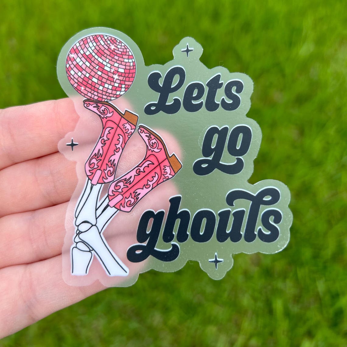 Lets Go Ghouls Skeleton Cowboy Boots Disco Ball Sticker Print - Image 3