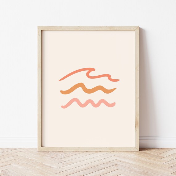 Three Coral Wavy Lines Abstract Minimalist Ocean Wave Line Art Poster