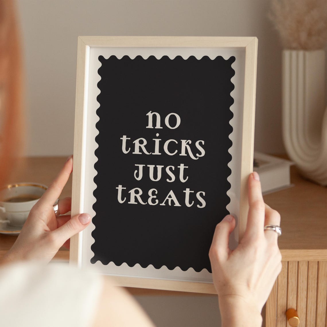 No Tricks Just Treats Cream Lettering on Black Scallop Poster - Image 3