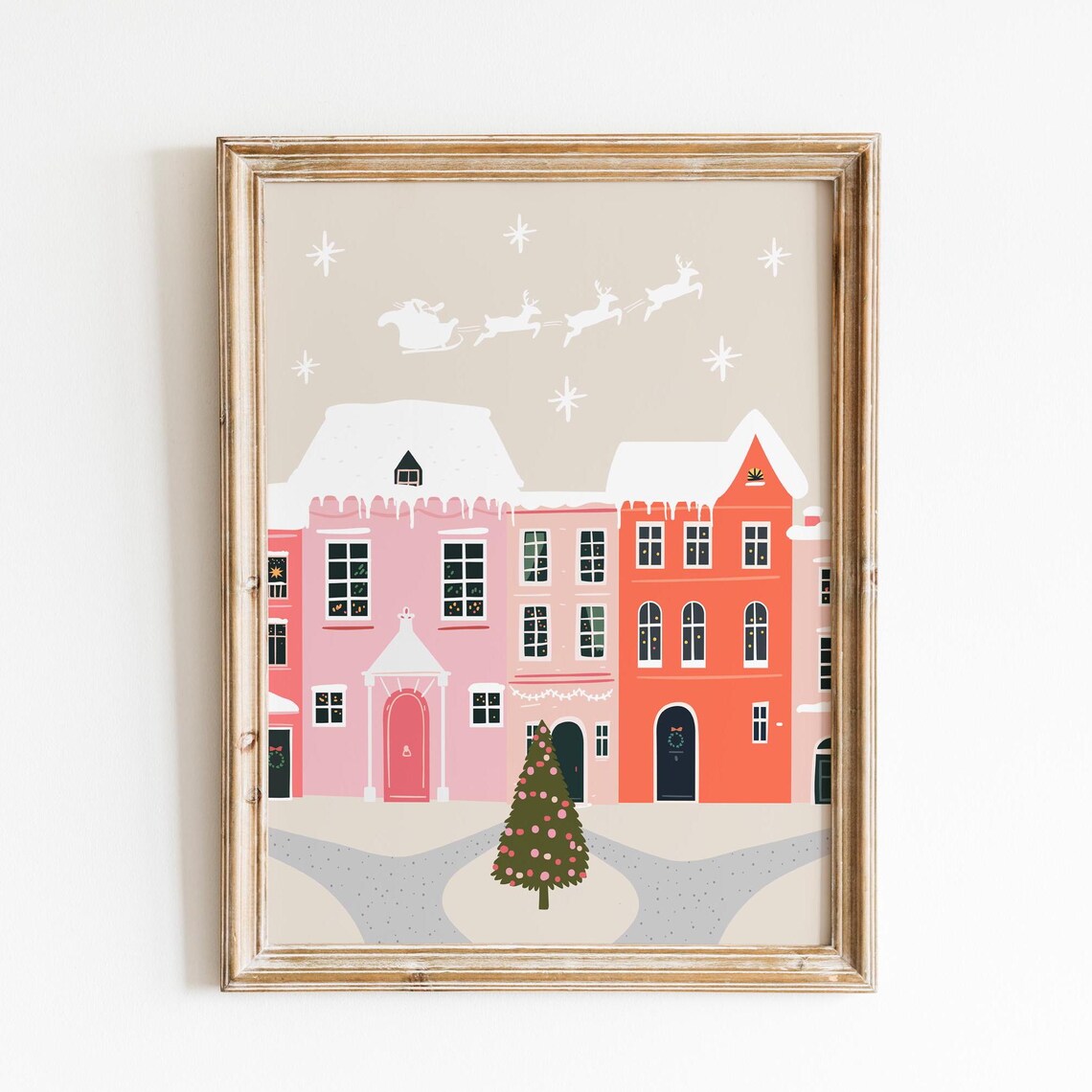 Pink Christmas Townhouses Santa Sleigh Snowy Village Night Poster