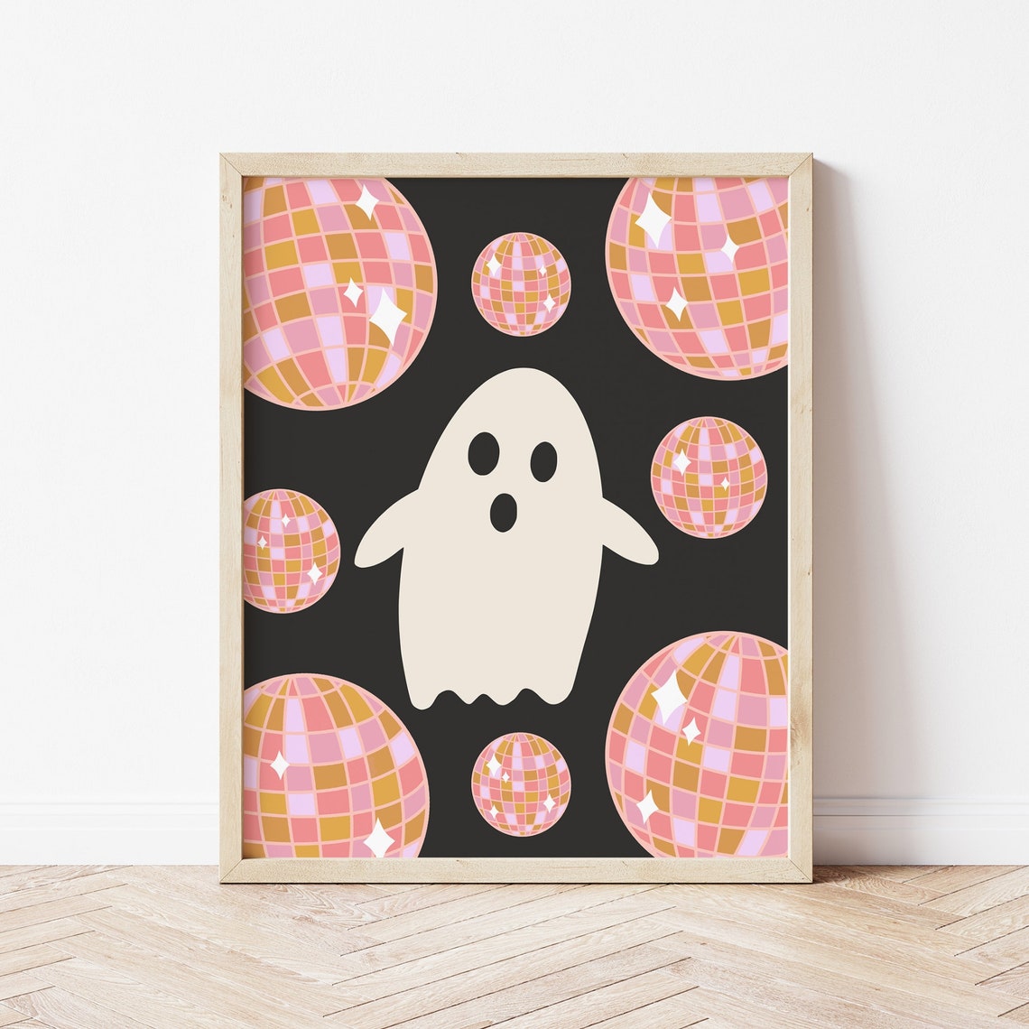 Cute Ghost Surrounded by Pink Disco Balls on Black Art Print