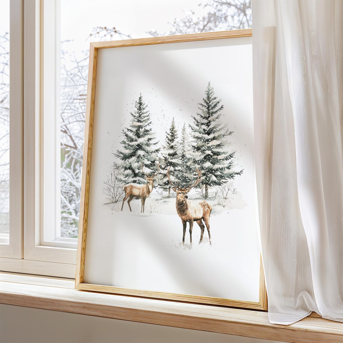 Watercolor Two Deer in Snowy Pine Forest Winter Wildlife Poster - Image 3