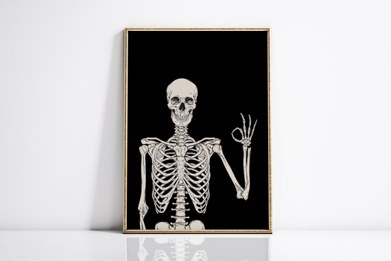 Funny Skeleton Waving Hand Halloween Black Background Art Poster
