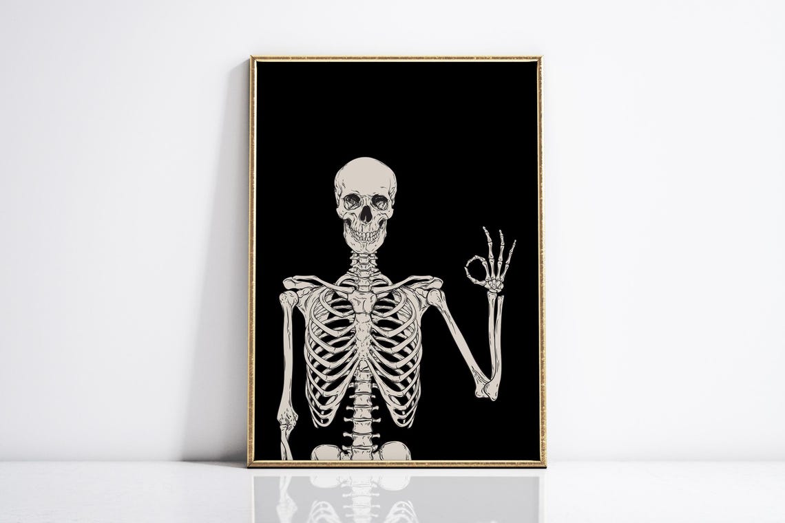 Funny Skeleton Waving Hand Halloween Black Background Art Poster